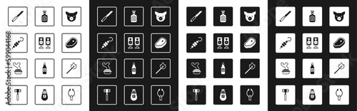 Set Pig, Stereo speaker, Grilled shish kebab, Bread knife, Steak meat, Sauce bottle, Burning match with fire and Homemade pie icon. Vector