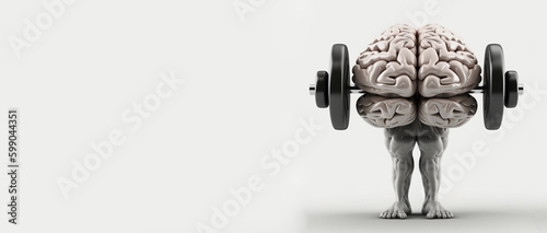 Human brain lifts weight with dumbbell, memory and mind training, brain power and mindset, generative AI  photo
