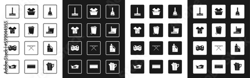 Set Feather broom, Trash can, Dirty t-shirt, Handle, Mop bucket, Basin with, Bottle for cleaning agent and Sponge icon. Vector