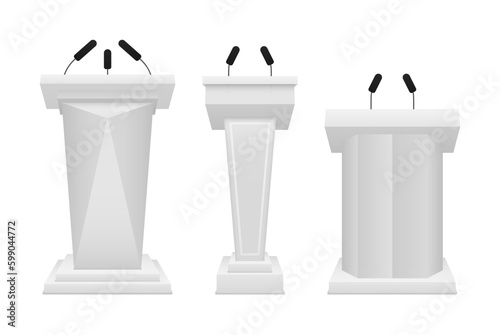 Realistic different white podiums tribune with microphones. The artistic design of the grandstand stands. Vector illustration.