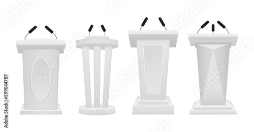 Realistic different white podiums tribune with microphones. The artistic design of the grandstand stands. Vector illustration.