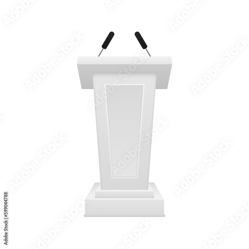 Realistic different white podiums tribune with microphones. The artistic design of the grandstand stands. Vector illustration.