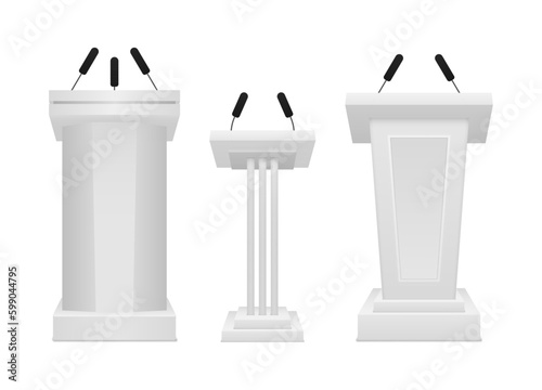 Realistic different white podiums tribune with microphones. The artistic design of the grandstand stands. Vector illustration.