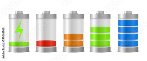 Full charged and discharged accumulators with colorful glow. Discharged and various level energy alkaline batteries infographic set. Vector illustration