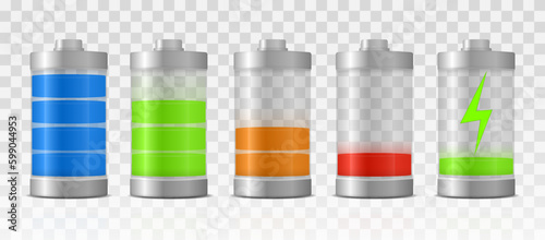 Full charged and discharged accumulators with colorful glow. Discharged and various level energy alkaline batteries infographic set. Vector illustration