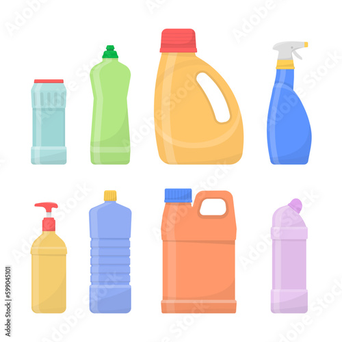 Chemical clean bottles. Plastic bottles of household chemicals and cleaning products. Flat design. House cleaning tools vector bottles and boxes pack isolated on white background. 