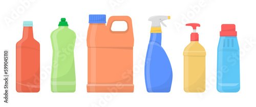 Household tool items. Set of detergent bottles or containers, detergents, washing powder icon. Chemical clean bottles, cleaning supplies products, plastic detergents containers. Vector illustration. 