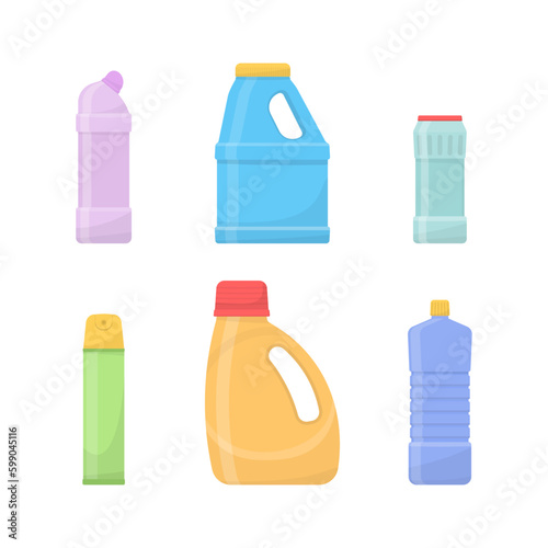 Household tool items. Set of detergent bottles or containers, detergents, washing powder icon. Chemical clean bottles, cleaning supplies products, plastic detergents containers. Vector illustration. 