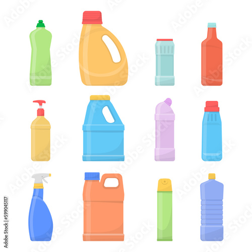 Household tool items. Set of detergent bottles or containers, detergents, washing powder icon. Chemical clean bottles, cleaning supplies products, plastic detergents containers. Vector illustration. 