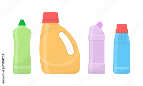 Household tool items. Set of detergent bottles or containers, detergents, washing powder icon. Chemical clean bottles, cleaning supplies products, plastic detergents containers. Vector illustration. 
