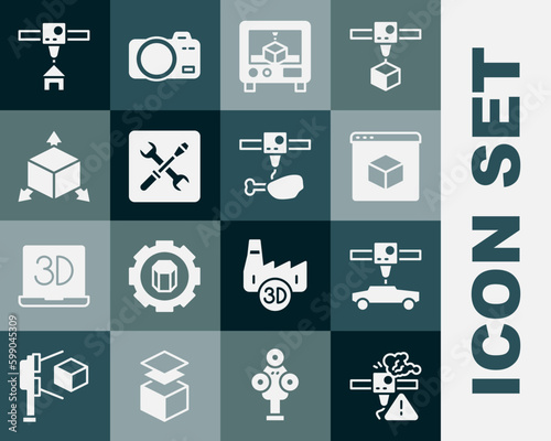 Set 3D printer warning, car, setting, Isometric cube, house and chicken leg icon. Vector