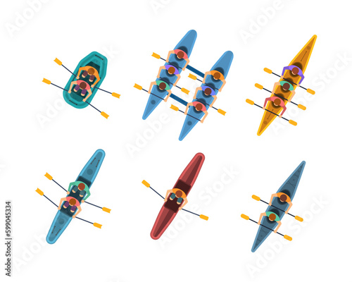 Top view of kayak boat. River or sea, lake or pond with a motor or wooden sailboat. Canoe race vector illustration, flat style.