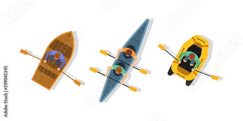 Set of boats, kayaks with people inside. Man rafting in kayak, kayaking water sport, outdoor activities in summertime. Rowing team. Top view canoe race, flat style. Vector illustration.