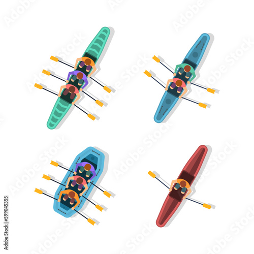 Set of boats, kayaks with people inside. Man rafting in kayak, kayaking water sport, outdoor activities in summertime. Rowing team. Top view canoe race, flat style. Vector illustration.