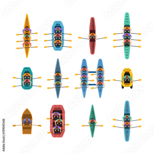 Set of boats, kayaks with people inside. Man rafting in kayak, kayaking water sport, outdoor activities in summertime. Rowing team. Top view canoe race, flat style. Vector illustration.