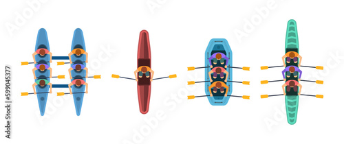 Athletes paddling kayaks set. Kayaking water sport, outdoor activities in summertime. Set of boats with people inside top view. River or sea, lake or pond with a motor or wooden sailboat vector. 