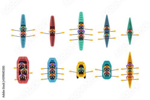 Athletes paddling kayaks set. Kayaking water sport, outdoor activities in summertime. Set of boats with people inside top view. River or sea, lake or pond with a motor or wooden sailboat vector. 
