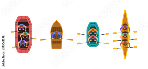 Athletes paddling kayaks set. Kayaking water sport, outdoor activities in summertime. Set of boats with people inside top view. River or sea, lake or pond with a motor or wooden sailboat vector. 
