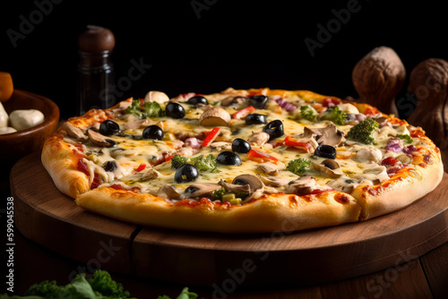 Cheese pizza is on a wooden serving board, Italian pizza with olives, peppers, shrooms. Generative Ai. 