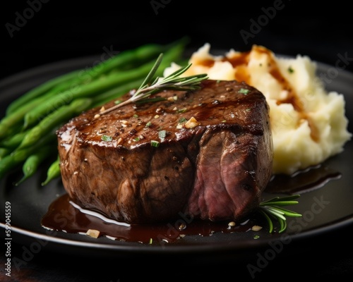 succulent roasted beef tenderloin with rosemary and garlic, served with mashed potatoes and green beans