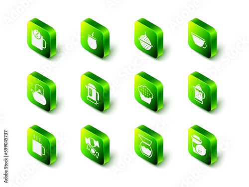 Set Mate tea, Ball strainer, Cup of, French press, with lemon, Muffin, Teapot and Candy icon. Vector