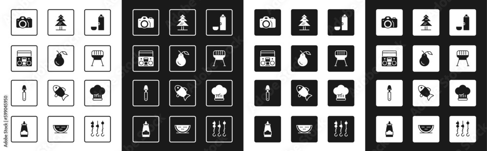 Set Thermos container, Pear, Home stereo with two speakers, Photo camera, Barbecue grill, Tree, Chef hat and Spoon icon. Vector Set Thermos container, Pear, Home stereo with two speakers, Photo camera, Barbecue grill, Tree, Chef hat and Spoon icon. Vector