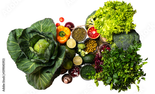 Organic vegetables on isolated png background farming and healthy food copy space flat lay.