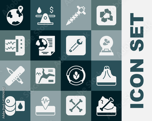 Set Archeology, Volcano, Exhibition with minerals, rocks, Construction jackhammer, Earth globe document, Seismograph, Location the and Wrench spanner icon. Vector