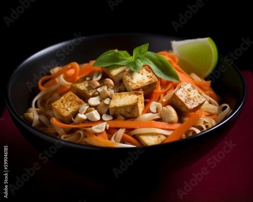 Pad Thai with tofu and carrots in a red bowl