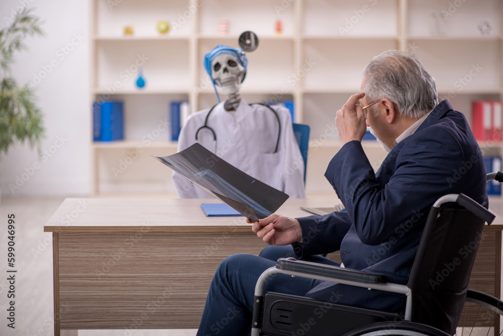 Old patient in wheel-chair visiting devil doctor Old patient in wheel-chair visiting devil doctor
