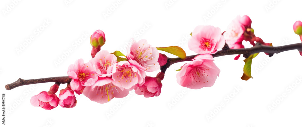 sakura flowers on a long branch isolated on a transparent background, generative ai