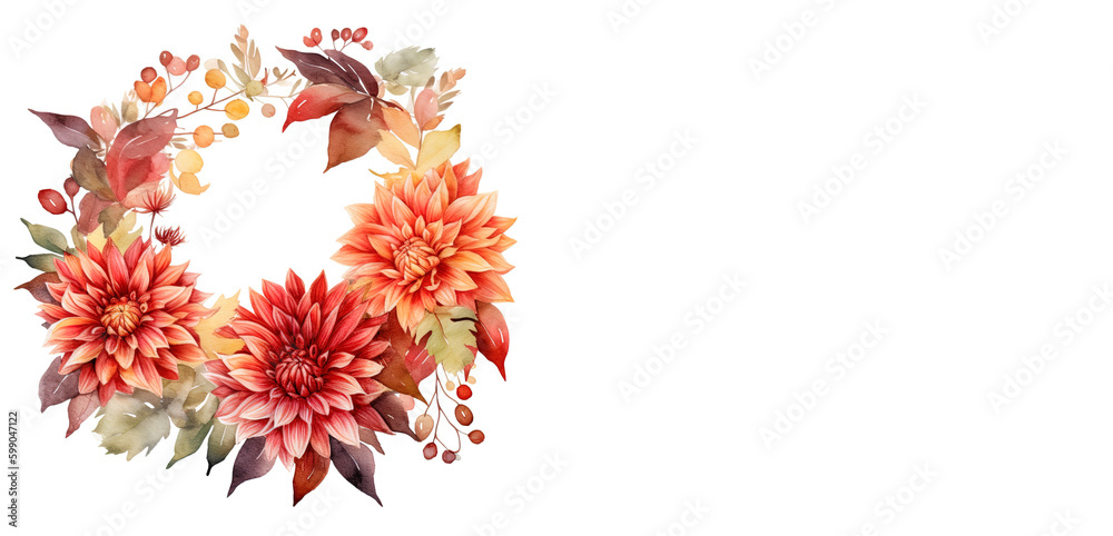 Dahlia and chrysanthenum fall wreath, orange autum wreath, card, summer blossoms. Isolated on white background. Generative AI Dahlia and chrysanthenum fall wreath, orange autum wreath, card, summer blossoms. Isolated on white background. Generative AI