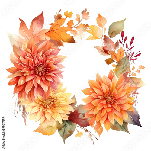 Dahlia and chrysanthenum fall wreath, orange autum wreath, card, summer blossoms. Isolated on white background. Generative AI