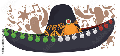 Black mariachi hat with festive Mexican silhouettes, Vector illustration photo