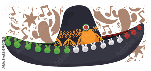 Black mariachi hat with festive Mexican silhouettes, Vector illustration