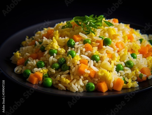fried rice with diced carrots, peas, and scrambled eggs