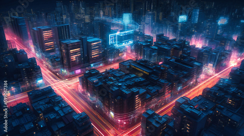 A digital rendering of a city with bright lights with traffic