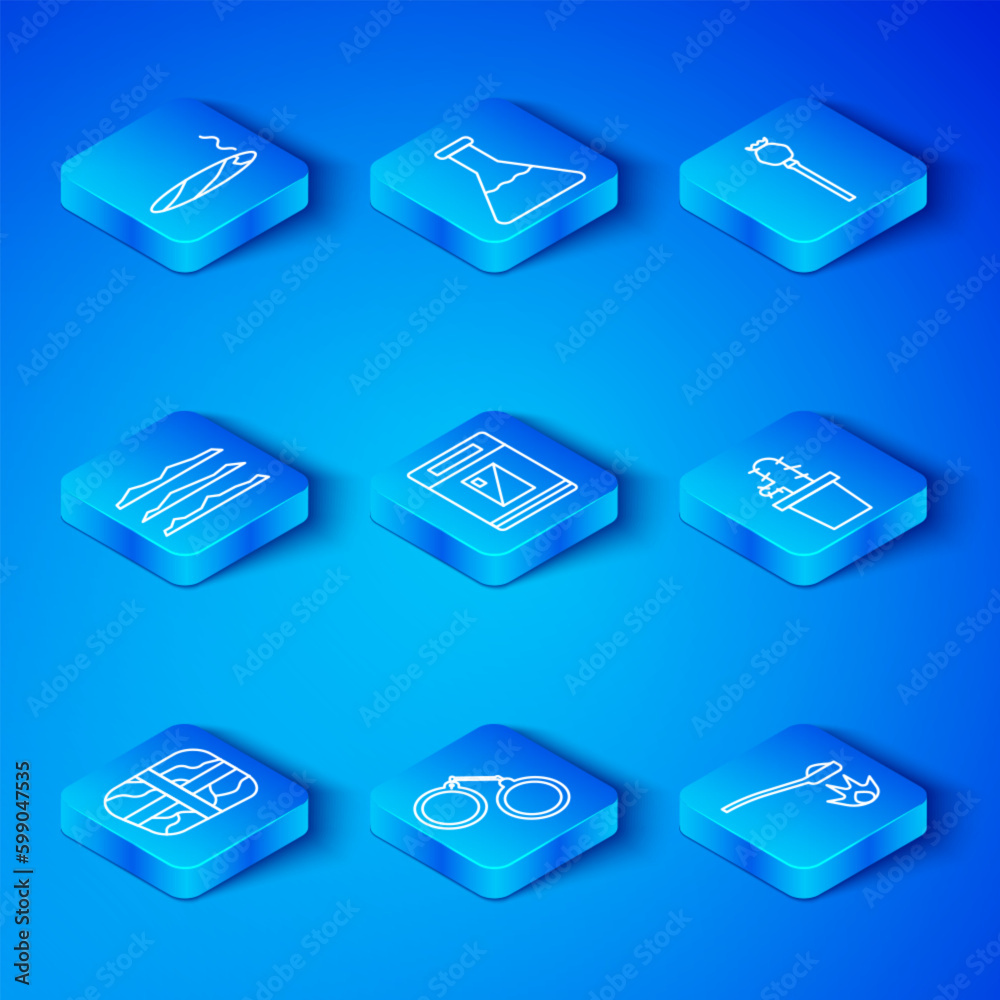 Set line Package with cocaine, Cigarettes pack box, Handcuffs, Cactus peyote pot, Opium poppy, Cocaine or heroin drug, smoke and Heroin spoon icon. Vector Set line Package with cocaine, Cigarettes pack box, Handcuffs, Cactus peyote pot, Opium poppy, Cocaine or heroin drug, smoke and Heroin spoon icon. Vector