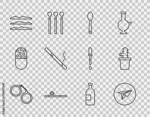 Set line Handcuffs, Messenger, Heroin in spoon, Opium pipe, Cocaine or heroin drug, Cigarette, Alcohol drink bottle and Cactus peyote pot icon. Vector