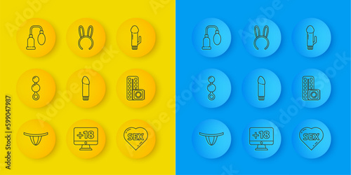 Set line Woman panties, Anal beads, Dildo vibrator, Heart with text Sex, Birth control pills and condom, Penis pump, and Mask long bunny ears icon. Vector