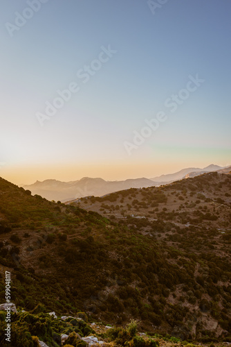 View from the top of the mountain Zas in Leykada island in Greece during sunset in summer 