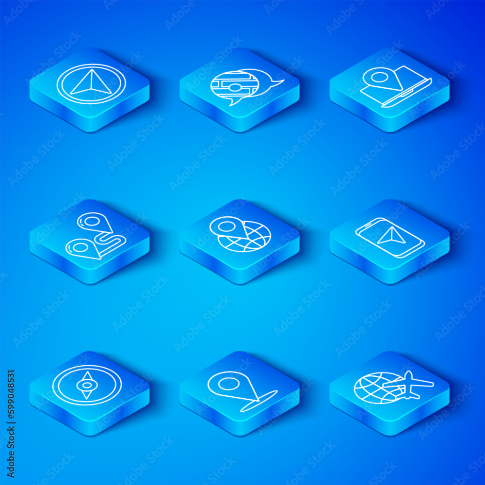 Set line Compass, Location on the globe, City map navigation, Laptop with location marker, Route, Infographic of city and Globe flying plane icon. Vector Set line Compass, Location on the globe, City map navigation, Laptop with location marker, Route, Infographic of city and Globe flying plane icon. Vector
