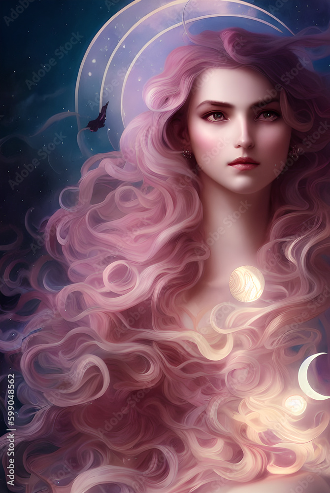 Goddess of Moon, woman with pink long curly hair, Generative AI Goddess of Moon, woman with pink long curly hair, Generative AI