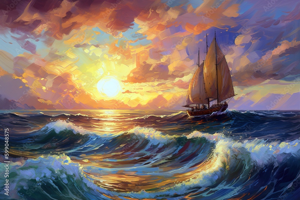 Oil painting of vibrant sunset with boat floating in the middle of the ocean. Generative AI