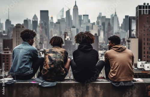 Back view of group of teen friends sitting over building roof admiring the amazing city landscape. Generative AI