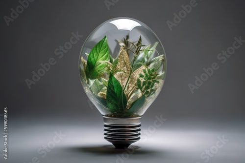 Light bulb recycled with small tiny plants inside over studio shot background. Generative AI