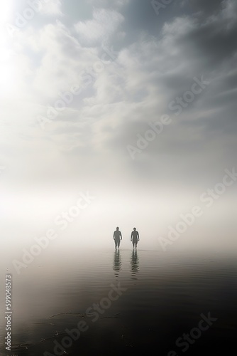 Two people s silhouette walking in lake among the foggy atmosphere. Generative AI vertical shot