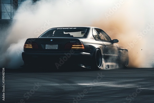 A high-performance sports car drifting around a sharp curve with smoke billowing from the tires