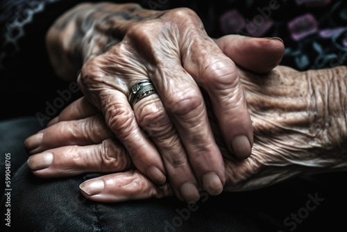 Close up shot of elderly people holding each others hands. Unrecognizable people. Generative AI