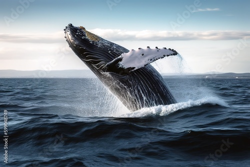 Amazing shot of whale jumping in the ocean on a sunny day. Generative AI © Pajaros Volando